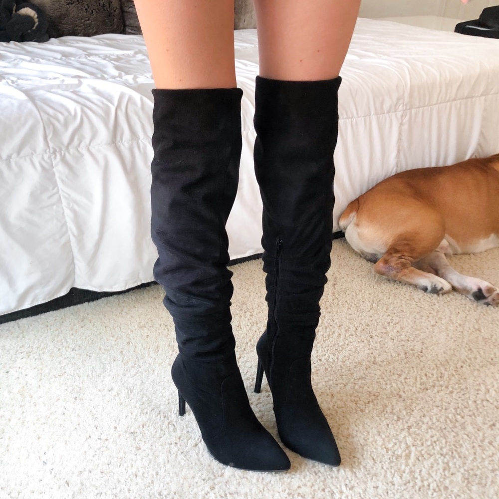Fashion Nova Black Knee-High Pointed Toe Stiletto Boots
